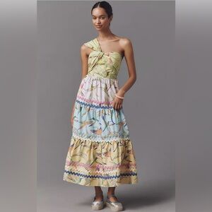 Farm Rio One-Shoulder Tiered Midi Dress Green NWT Resort Tropical Vacay SIZE XL